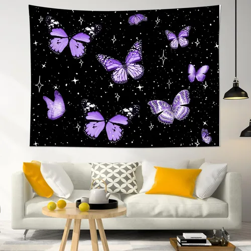 Miniatura 13 de LB Tapiz de mariposa colorido para colgar en la pared, diseño de mariposas de insectos sobre fondo negro, tapiz hippie de fantasía para dormitorio