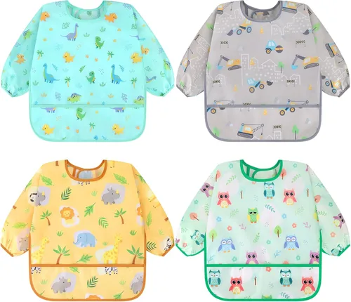 Miniatura 11 de Accmor 4 Pack Long Sleeve Bibs, Baby Smock Waterproof Sleeved Bib Smock for Baby Toddler 6-36 Months Dinosaurio azul/cerdo naranja/alce