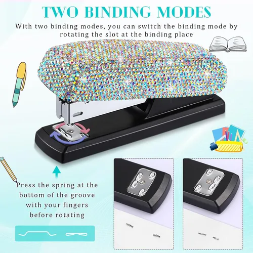 Miniatura 3 de Yexiya - Grapadora de colores AB para escritorio, con diamantes de imitación, regalo de regreso a clases, capacidad de 20 hojas con 1000 grapas