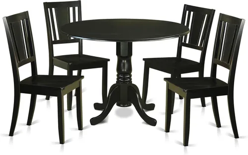 East West Furniture DLDU5-BLK-W - Juego de mesa de comedor de 5 piezas para 4 personas, incluye una mesa de cocina redonda con gotas y 4 sillas de