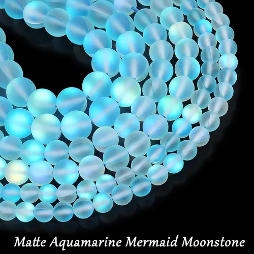 Miniatura 2 de Cuentas de cristal Aurora aguamarina mate, cuentas sueltas redondas de sirena brillante con purpurina esmerilada de 0.236 pulgadas, piedra lunar