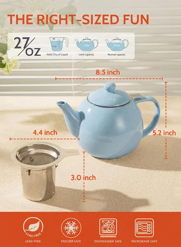 Miniatura 3 de Sweese Tetera de porcelana de 27 onzas con infusor para té de hojas sueltas, gris azulado