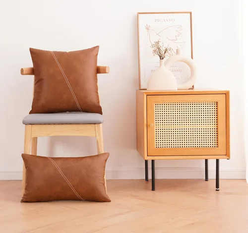 Miniatura 8 de Fundas de almohadas de cuero de imitación modernas y decorativas en color marrón, juego de 2 de 18x18 pulgadas, fundas de almohada estilo bohemio