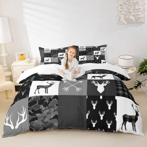 Miniatura 2 de Manfei Juego de ropa de cama de silueta de ciervo, tamaño individual, funda de edredón con patrón de flechas y cuernos con 1 funda de almohada