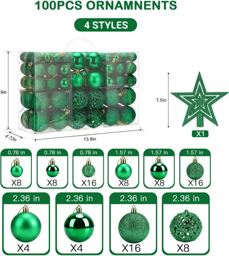 Miniatura 2 de Aitsite Juego de 100 adornos para árbol de Navidad, mini bolas navideñas irrompibles para decoraciones navideñas (verde)
