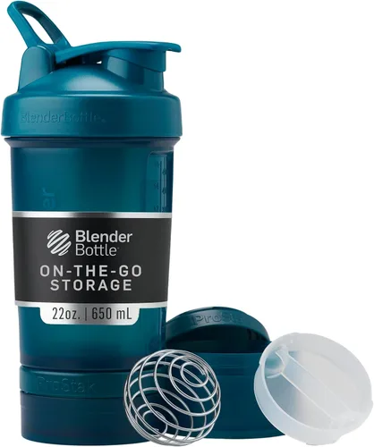 Miniatura 7 de BlenderBottle - Botella mezcladora con organizador de pastillas y almacenamiento para polvo proteínico, sistema Classic V2 ProStak, 22 onzas, azul