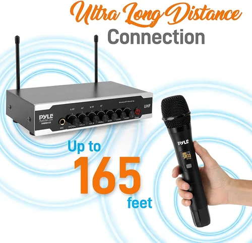 Miniatura 4 de Pyle Sistema de micrófono inalámbrico Uhf portátil, funciona con pilas, juego de micrófonos inalámbricos Bluetooth dual, incluye 2 micrófonos