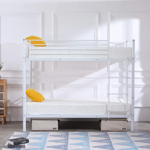 Miniatura 8 de Bonnlo Litera de metal individual sobre individual con escalera y rieles de seguridad, fácil montaje, marco de cama resistente para niños, Blanco