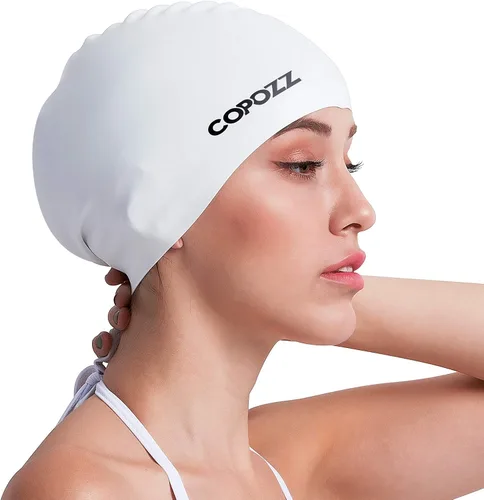 COPOZZ - Gorro de natación para adultos, gorro de silicona impermeable y cómodo para mujeres, para cabello largo y corto Blanco-12 años +
