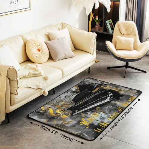 Miniatura 3 de Alfombra de área de música de piano, alfombra de notas musicales, para niños, niñas, niños, adolescentes, retro, graffiti, gris, dorado, para Multi