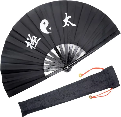 Miniatura 10 de OMyTea Ventilador de mano plegable grande de bambú para hombres y mujeres, ventilador de mano chino japonés de Kung Fu Tai Chi con funda de tela