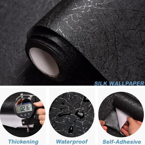 Miniatura 3 de Cohoo Home Papel pintado de seda negra para despegar y pegar para dormitorio Papel de contacto texturizado sólido negro para gabinetes y cajones