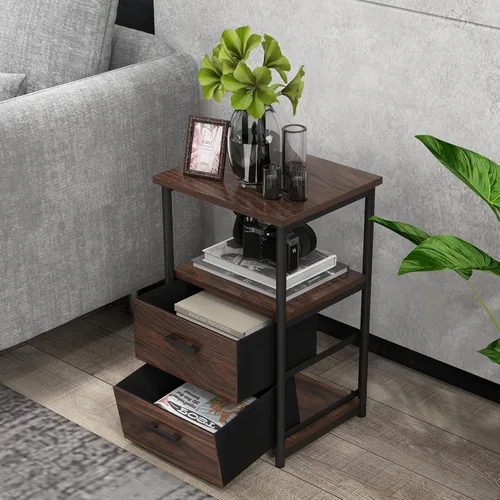 Miniatura 4 de COSTWAY Juego de 2 mesitas de noche, mesa auxiliar de 3 niveles con 2 cajones de tela y estante abierto, mesa auxiliar industrial para dormitorio
