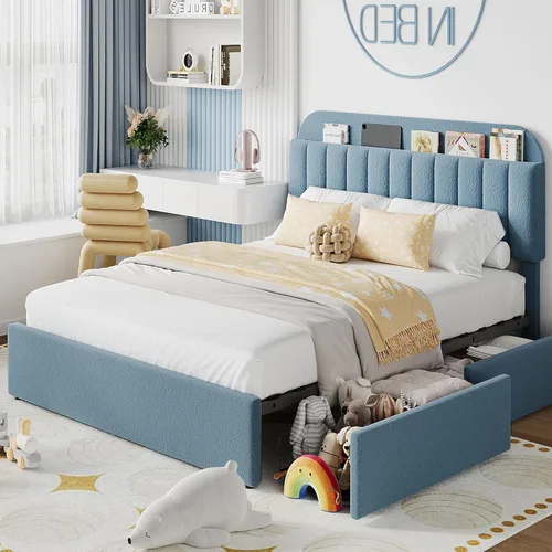 Miniatura 16 de IDEALHOUSE Base de cama individual para niños, cama plataforma tapizada con botones para niños/niñas con 2 cajones flexibles, cabecero tipo