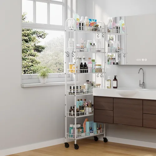 Miniatura 8 de Carrito de almacenamiento delgado rodante con ruedas, estantería móvil de metal de 6 niveles, organizador de cocina, carrito utilitario