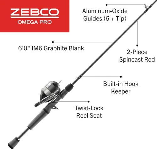 Miniatura 2 de Zebco Omega Pro Spincast - Combo de carrete y caña de pescar, caña de pescar de grafito IM6 de 6 pies, mango de caña de agarre MaxTac, carrete