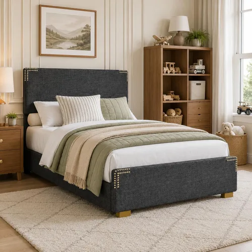 Marco de cama twin, marco de cama twin con cabecera y pie de cama, marco de cama tapizado en tela chenille, patas de soporte color dorado, listones