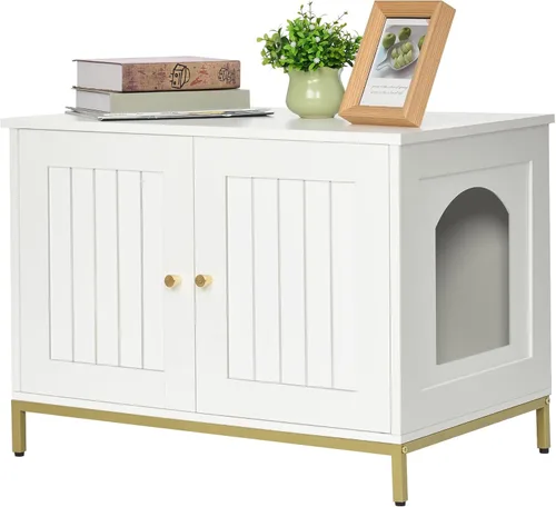 Miniatura 14 de Homhedy Gabinete para Caja de Arena para Gatos, Muebles de Baño para Gatos con Marco de Metal, Casa para Mascotas, Se Adapta a la Mayoría de Cajas