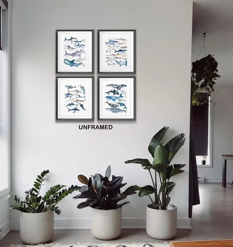 Miniatura 3 de Póster de acuarela de tiburones rústicos ballenas y animales del océano azul para el hogar, casa costera, dormitorio, guardería, decoración