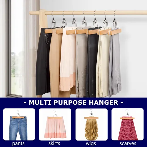 Miniatura 5 de Amber Home Paquete de 10 perchas de madera natural para pantalones, perchas de madera con terciopelo acolchado antideslizante, ganchos