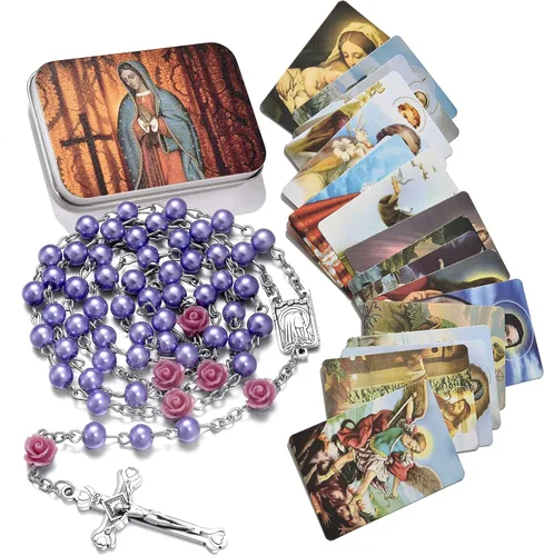 SZQCZB Rosario - Collar católico con medalla del suelo sagrado Crucifijo con caja de metal y 18 tarjetas de oración