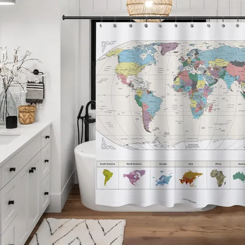 Miniatura 3 de Cortina de ducha con mapa del mundo de Sunlit con detalles de grandes ciudades. Tela repelente al agua libre de PVC, no tóxica y sin olor - Gran
