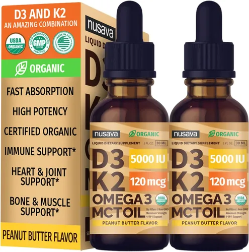 Miniatura 20 de Paquete de 2 gotas orgánicas de vitamina D3 K2 con aceite MCT y Omega 3 - Vitamina líquida D3 5000 UI - Suplemento de vitamina K2 D3 - Gotas