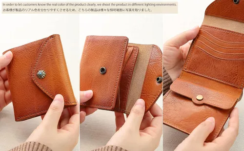 Miniatura 3 de IJUN Billetera pequeña plegable de cuero de grano completo para mujer, piel de vaca curtida vintage, Naranja, Casual