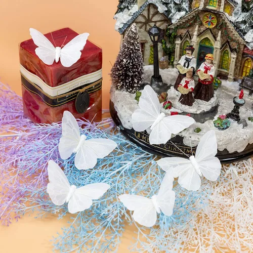 Miniatura 4 de Berfutall - Juego de 12 mariposas de plumas para decoración de mariposas, blancas en alambre. Decoración del hogar de primavera para fiestas, fotos
