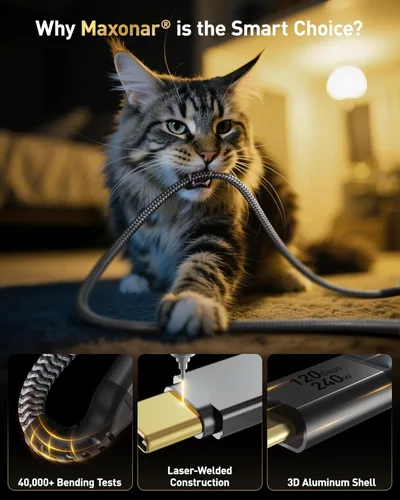 Miniatura 6 de Maxonar Cable Thunderbolt 5 de 1 pie de 80 Gbps, aumento de ancho de banda de hasta 120 Gbps, potencia de 240 W, pantalla dual de 8 K, compatible