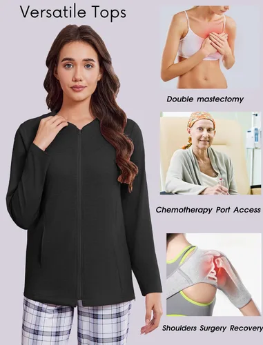 Miniatura 4 de Deyeek Camisas de mastectomía con bolsillos de drenaje, para después de la cirugía de hombro, tops para mujer de quimioterapia de manga larga