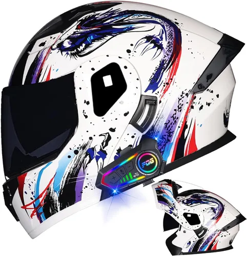 Miniatura 37 de Casco modular Bluetooth para motocicleta, aprobado por DOT, de cara completa, abatible, antivaho, doble visera, casco de motocicleta de calle, LENTE