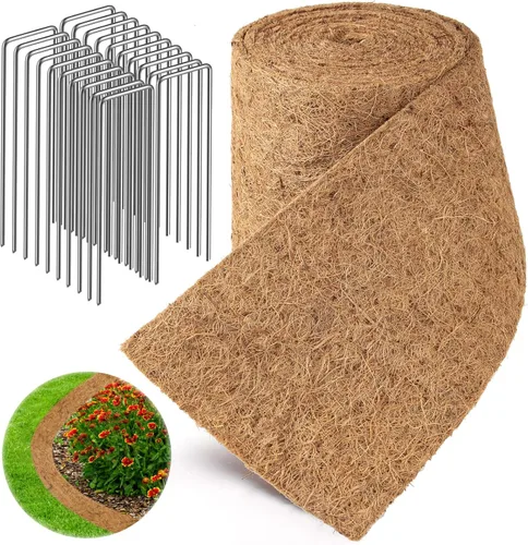 Rollo de mantillo natural para paisajismo, tapete de fibra de coco gruesa orgánica de 120 x 6.3 pulgadas con estacas de acero en forma de 20U, rollo