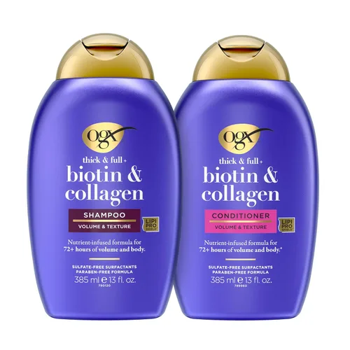 OGX Espeso y Abundante + Biotina y Colágeno para Volumen y Cuerpo del Cabello, Champú y Acondicionador Voluminizador Sin Sulfatos para Cabello Fino