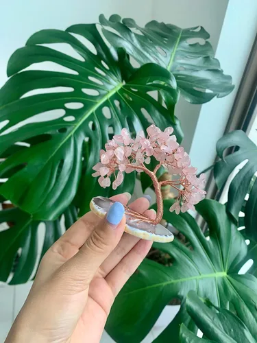 Miniatura 2 de Árbol de dinero de cristal hecho a mano en ágata rebanada árbol de la vida, bonsái decoración de la oficina en el hogar, cumpleaños, cuarzo rosa