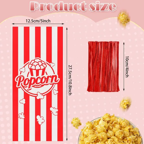 Miniatura 2 de Teling 100 bolsas de palomitas de maíz, 100 bolsas de palomitas de maíz para fiestas, bolsas de dulces de galletas a rayas rojas y blancas con 150