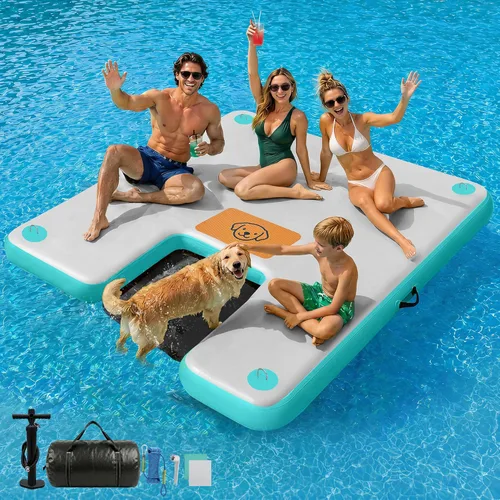 Miniatura 8 de AWEMUFA Muelle flotante inflable con rampa de 5 pies/6 pies/8 pies/10 pies, plataforma flotante flotante, tapete flotante de isla flotante, flotador
