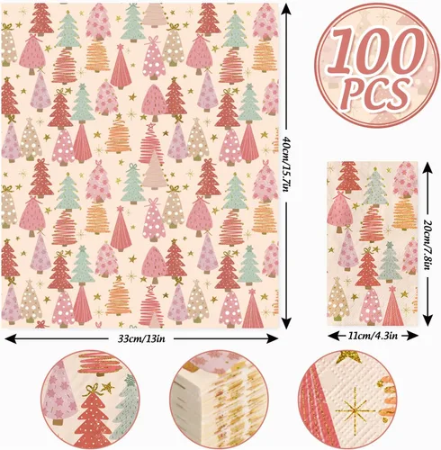 Miniatura 2 de Paquete de 100 servilletas de papel desechables estilo bohemio con árbol de Navidad rosa, servilletas de mano para el hogar, cocina, baño, 13 x 15.7
