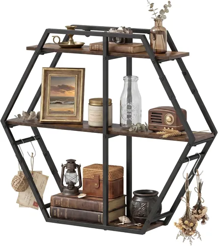 Tangkula Hexagon Wall Shelf, 3-Tier Geometric Bookcase with 4 S-Shaped Hooks & Heavy Duty Metal Frame, Wall Mounted Industrial Display Storage Rack