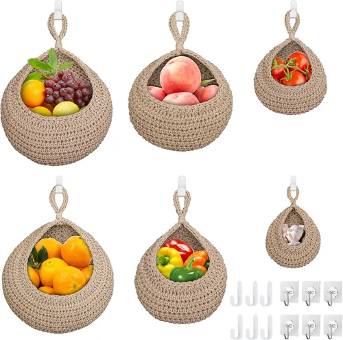 Miniatura 8 de 6 cestas de frutas colgantes de pared para cocina, cesta colgante bohemia con 12 ganchos fuertes, almacenamiento de cocina, verduras, frutas, papas