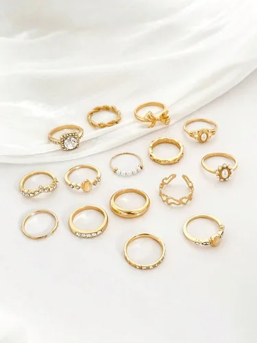 Miniatura 4 de Juego de anillos apilables con lazo de estilo bohemio, 15 piezas, joyería de moda para mujer, regalo para fiestas de vacaciones, uso diario