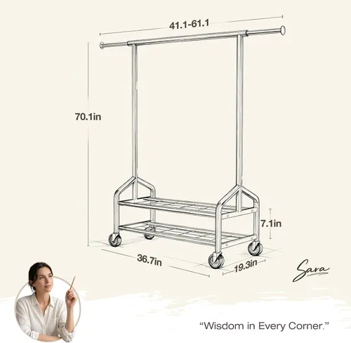 Miniatura 7 de Perchero de ropa resistente, 650 libras de carga para colgar ropa con 2 estantes resistentes, perchero de metal con ruedas para dormitorio