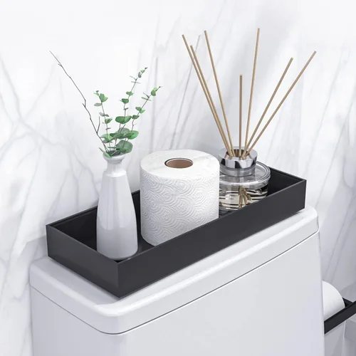 Bandeja para Tanque de Inodoro para Decoración Moderna de Baño Negro, Juego de 2 Organizadores para la Parte Superior del Tanque del Inodoro, Caja