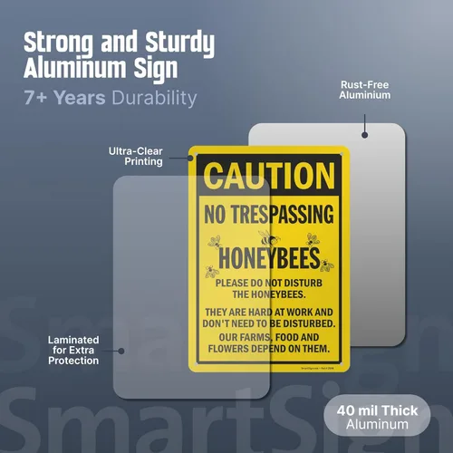 Miniatura 5 de SmartSign Letrero de metal con texto en inglés "Caution - No Trespassing, Honeybees" de 14 x 10 pulgadas, aluminio laminado a prueba de óxido, negro