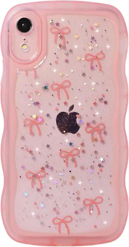 Miniatura 113 de Qokey Funda para iPhone 12 Pro Max de 6.7 pulgadas, diseño de onda rizada, borde transparente, brillante con purpurina, estrella brillante, bonita