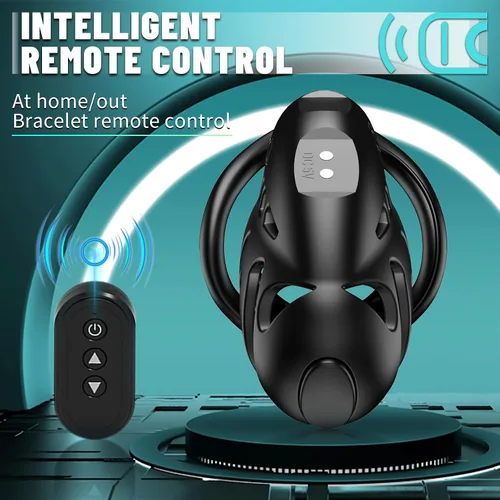 Miniatura 4 de Dispositivo de castidad masculino de choque eléctrico con control remoto, 9 intensidades e-stim, jaula de castidad con 3 anillos activos, juguete