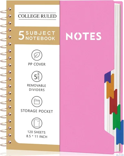 Miniatura 14 de CAGIE Cuadernos de espiral para trabajo escolar con pestañas divisorias extraíbles, cuaderno de 5 materias de 8.5 x 11 pulgadas, a rayas