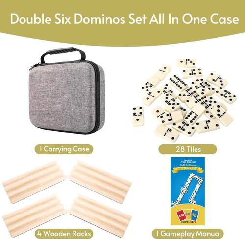 Miniatura 3 de Doreimi Juego de Dominó Doble 6 para Adultos con 4 Estanterías de Madera y 28 Azulejos Juego de Dominó de Viaje Juego de Mesa Clásico para Noche