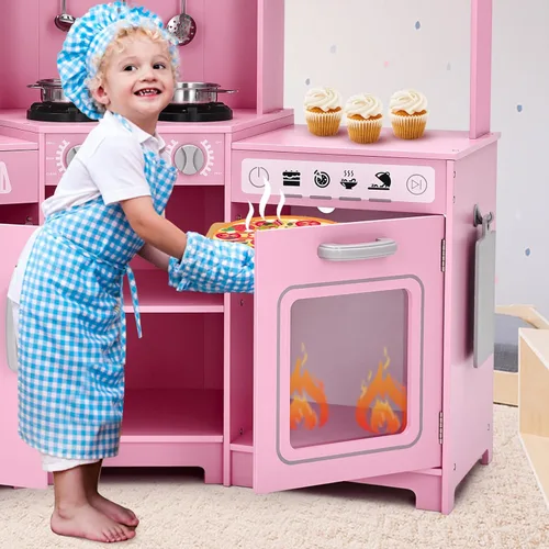 Miniatura 5 de JOYLDIAS Cocina de Juego para Niños, Set de Juguetes de Cocina de Madera de Esquina de Mentira para Niños Pequeños con Luces y Sonidos Realistas