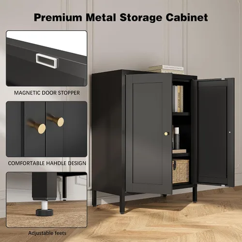 Miniatura 5 de Bevivog Armario de almacenamiento pequeño para baño, armario de metal negro con 2 puertas y 2 estantes ajustables, armarios de piso de metal